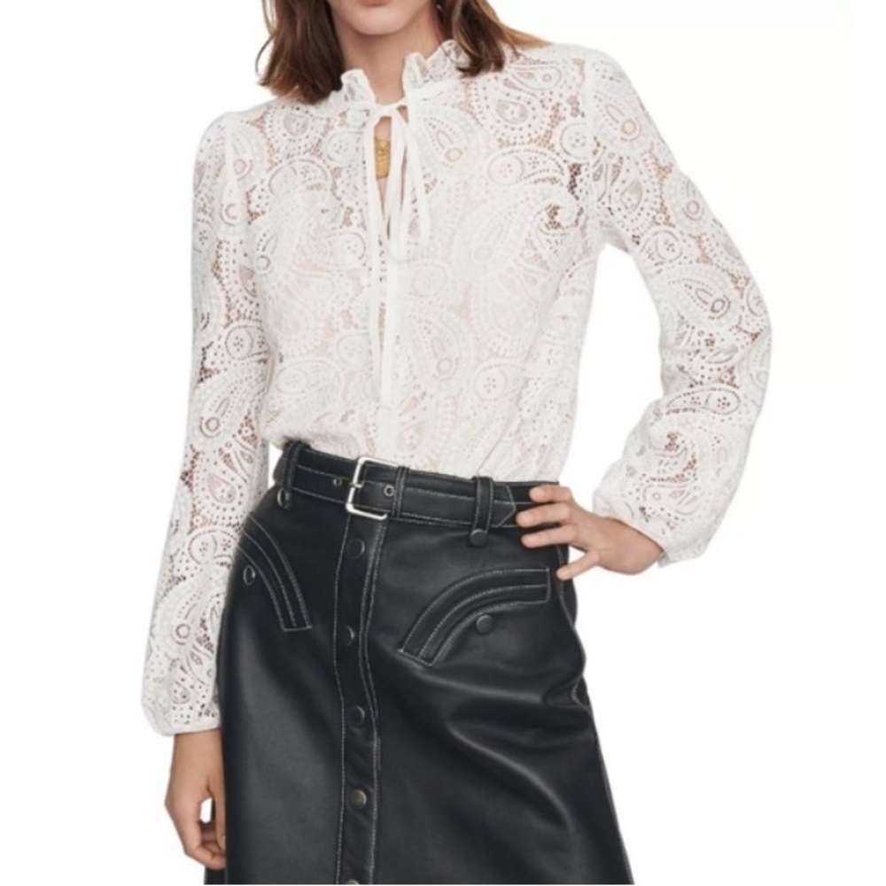 Maje White Lilie Guipure Lace Ruffle Blouse Size 1 Keyhole Sheer Long Sleeve Top